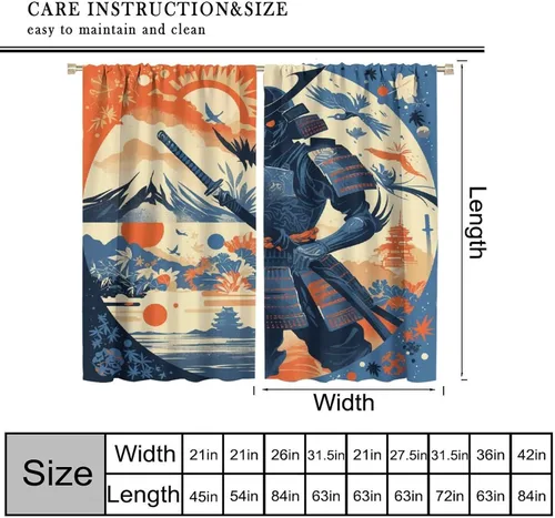 Miniatura 2 de Asian Japanese Samurai Blackout Curtains, Watercolor Floral Sun Mountain Art Style Window Drapes, for Kid Teens Boys Man Living Room Bedroom 42" W X