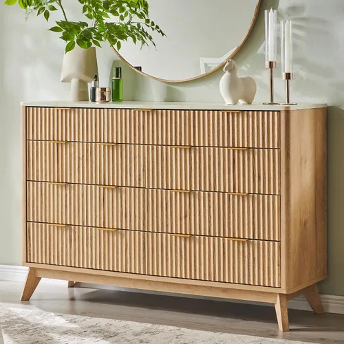 Miniatura 15 de T4TREAM Cómoda acanalada de 3 cajones, cómoda moderna de 32 pulgadas de alto, diseño de perfil curvo, organizador de cajones de madera para Aliso