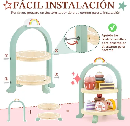 Miniatura 7 de Juego de juguetes de madera para tartas, juego de fiesta de té, juguete de comida de postres con soporte para cupcakes, accesorios de cocina