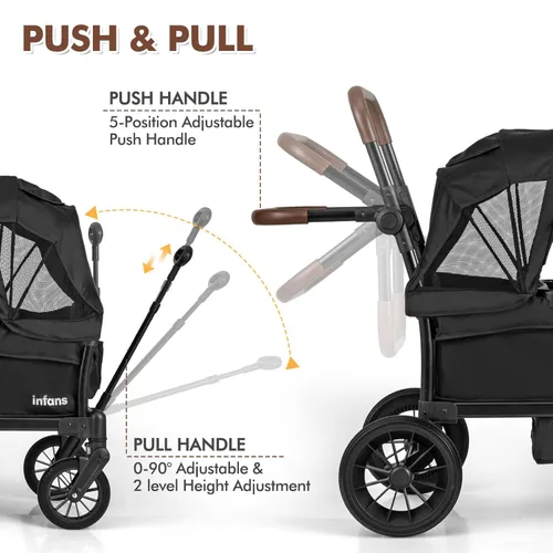 Miniatura 3 de INFANS Cochecito Vagón para 2 niños, barra plegable ajustable con asa de empujar y tirar, cochecito vagón de 2 plazas con toldo extraíble y bandeja