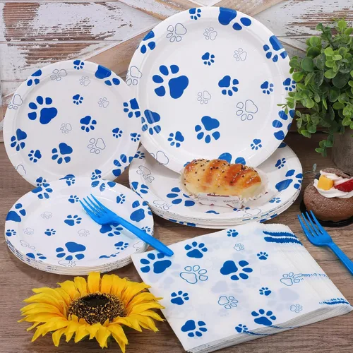 Miniatura 5 de durony 72 piezas de suministros de fiesta de cumpleaños con estampado de patas de perro, incluyen 32 platos, 24 servilletas y 16 tenedores, huellas