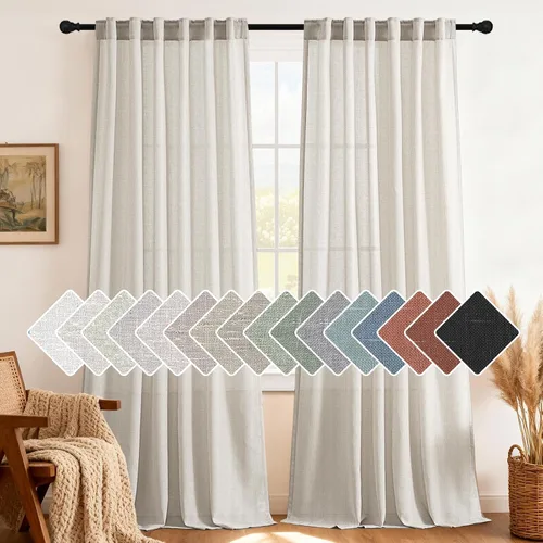Miniatura 25 de H.VERSAILTEX Cortinas de lino natural de 63 pulgadas de largo para sala de estar, 2 paneles con trabillas traseras y bolsillo, texturizadas