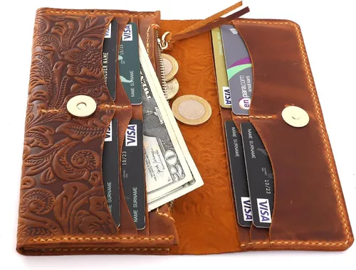 Miniatura 6 de Toros Craft Cartera larga hecha a mano para mujer, de cuero de gran capacidad, carteras florales occidentales, funda para teléfono celular, funda