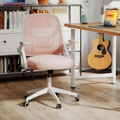Miniatura 2 de COSTWAY Silla de oficina, cómoda silla giratoria de escritorio con altura ajustable y reposabrazos abatibles, sillas ergonómicas de malla para Rosa