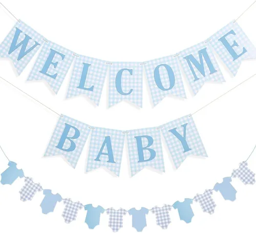 Cartel de baby shower para bebé, 2 piezas preencordadas de tela de bienvenida a cuadros azules para bebé y cuerpo, para decoración de fiesta de baby