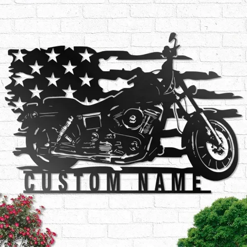 Miniatura 11 de Letrero de metal personalizado para motocicleta, arte de pared de metal con bandera de EE. UU., arte de pared de metal para motocicleta, letrero