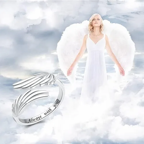 Miniatura 6 de YLT Anillo de plata de ley 925 con alas de ángel con plumas y plumas ajustables y delicadas, anillos abiertos para el pulgar para mujeres y niñas