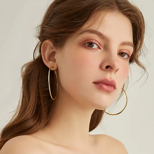 Miniatura 2 de Delicados aretes de aro grandes de plata de oro amarillo de 14 quilates de 2.756in para mujeres y niñas, con orejas sensibles, circulares redondos
