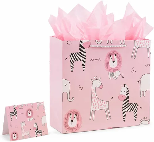Lyforpyton Bolsas de regalo con papel de seda de 12.5 x 9.8 x 5.1 pulgadas, bolsas de regalo de zoológico rosa para fiestas de cumpleaños de niños,