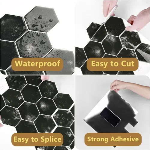 Miniatura 9 de Wallercity Azulejos hexagonales de metro negro para salpicaduras para salpicaduras de mármol en muro para cocina, 10 hojas de azulejos de pared