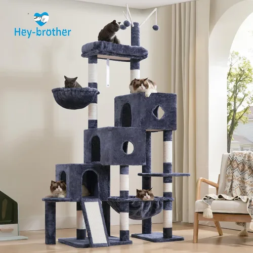 Miniatura 8 de Hey-brother Torre de árbol para gatos, postes rascadores con 3 condominios, canasta grande, cama acogedora, tabla de sisal, camino de escalada paso
