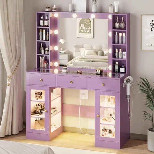 Miniatura 17 de HUANLEGO Tocador Negro con Espejo y Luces, Tocador con Superficie de Cristal con Espejo Iluminado y Gabinete de Vidrio RGB y 3 Cajones, Tocador