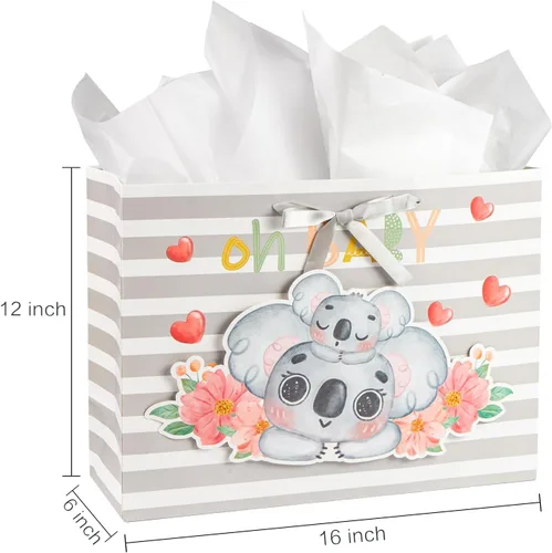 Miniatura 5 de Loveinside Bolsa de regalo de koala gris bebé con papel de seda y tarjeta de felicitación para baby shower, nuevos padres y más, 16 x 6 x 12