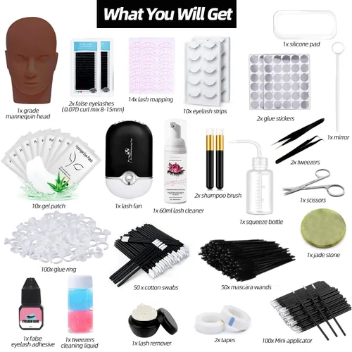 Miniatura 2 de Kit de extensión de pestañas profesional, suministros para extensiones de pestañas, entrenamiento para principiantes, cabeza de maniquí, injerto