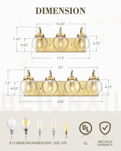 Miniatura 4 de Beionxii BX-VL03BG-3CG - Lámpara de tocador de baño de 3 luces de oro cepillado, modernas luces de tocador con pantalla de vidrio transparente