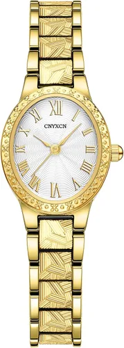 Relojes de oro vintage para mujer con caja ovalada, esfera de números romanos, correa de pulsera de tono dorado, resistente al agua, incluye