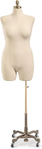 TSC - Maniquí de forma de vestido de exhibición femenina en lienzo natural sobre base metálica con ruedas (bronce, grande)