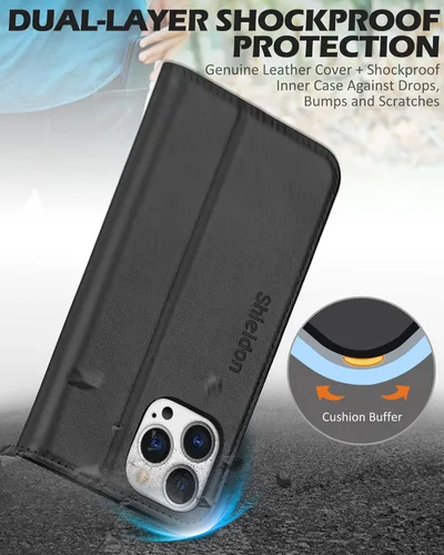 Miniatura 6 de SHIELDON Funda para iPhone 13 Pro 5G, funda de piel auténtica tipo cartera con bloqueo RFID, tarjetero de crédito, soporte magnético a prueba
