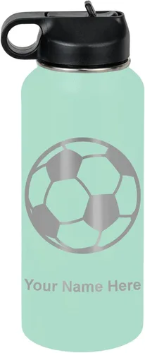 Miniatura 69 de LaserGram Botella de agua personalizada, pelota de fútbol, acero inoxidable de doble pared aislada al vacío con popote superior, regalo grabado