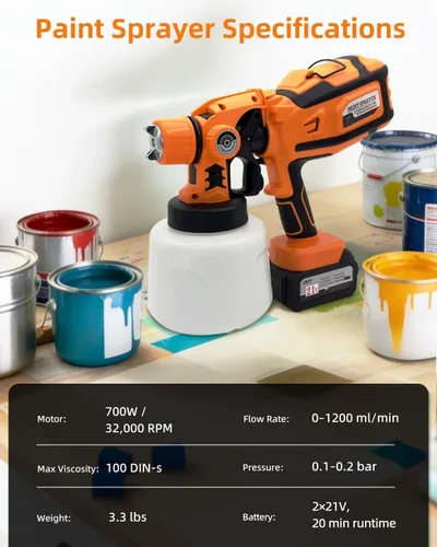 Miniatura 6 de Pulverizador de pintura HVLP inalámbrico - Motor de 650 W, recipiente desmontable de 47.3 fl oz, 6 boquillas de cobre, 3 patrones de pulverización