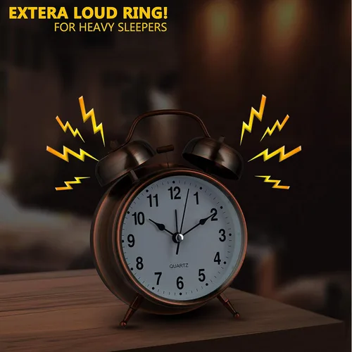 Miniatura 5 de Bernhard Products Reloj despertador analógico de doble campana retro de metal cobre de 4 pulgadas, cuarzo extra fuerte, funciona