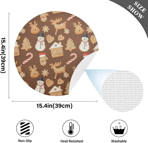 Miniatura 4 de Christmas Gingerbread Cookies Brown Round Table Placemats, Non Slip Washable Kitchen Table Mat for Kitchen Table one sizex6