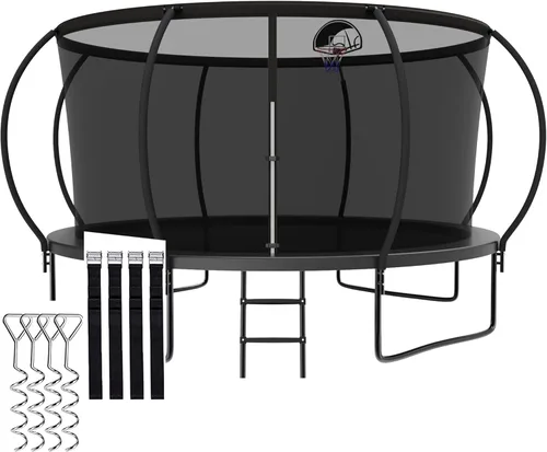 Miniatura 12 de Trámpolines de 1500 libras 8 10 12 14 15 16 pies para niños y adultos con red de protección, estacas para viento, aro de baloncesto, trámpolines