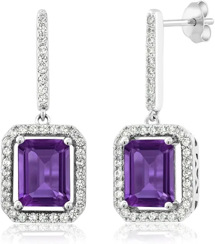 Gem Stone King Aretes colgantes de plata de ley 925 con amatista morada para mujer (5.96 quilates, piedra natal de piedras preciosas, corte