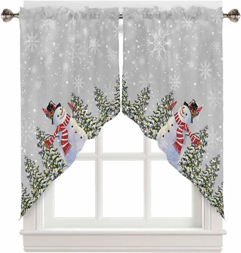 Miniatura 12 de BEMIGO Cortinas de cocina de Navidad, lindas cortinas de granja con muñeco de nieve azul, cenefa con bolsillo para barra de copos de nieve