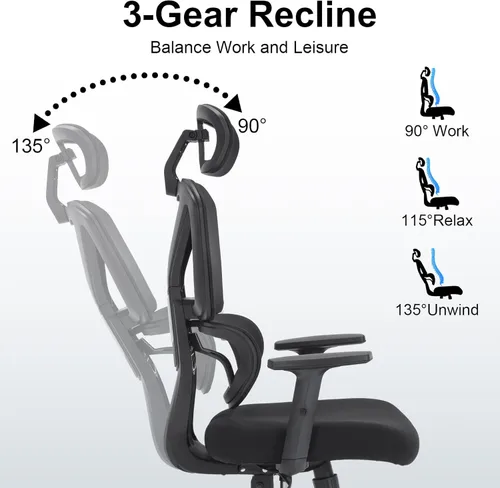 Miniatura 7 de Silla de oficina ergonómica, silla de escritorio para computadora con soporte lumbar ajustable y reposacabezas 3D, reposabrazos 5D, reclinable