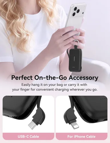 Miniatura 2 de RORRY CharmGo - Cargador portátil, 10000 mAh PD 30 W, cargador portátil de carga rápida con cables integrados, llavero de viaje para iPhone Negro