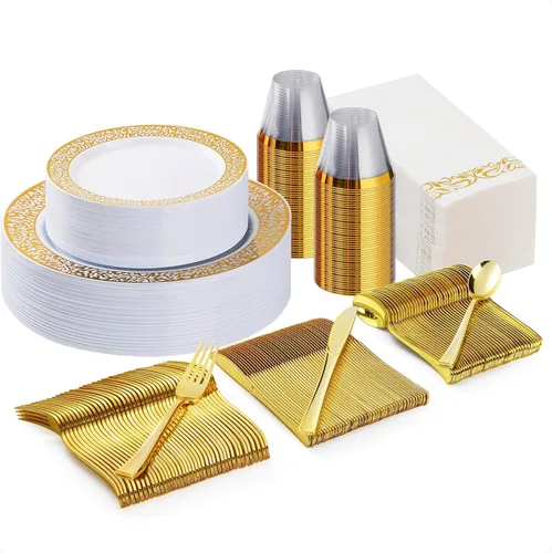 Bestluck Juego de vajilla de plástico dorado de 175 piezas para 25 invitados, platos desechables para fiesta, boda y cena, incluye 25 platos llanos,