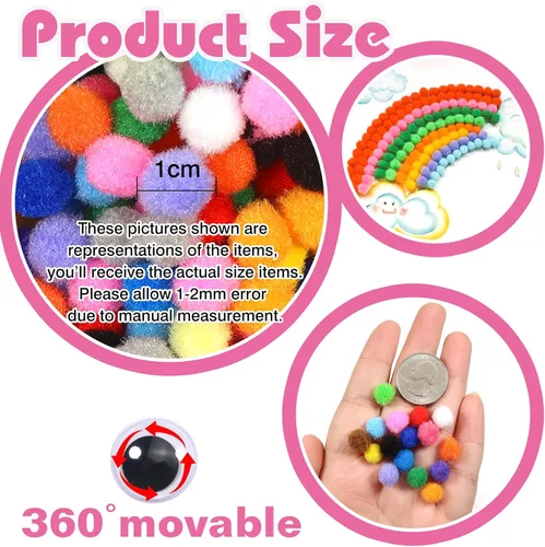 Miniatura 2 de TOAOB - 1900 pompones surtidos de aproximadamente 0.39 pulgadas (0.4 in), multicolor y pequeños, suministros de arte con ojos ondulantes