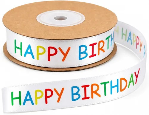 Rollo de cinta de feliz cumpleaños para envoltura de regalos, 0.591 in x 30 pies, cinta de regalo de cumpleaños impresa blanca para manualidades,