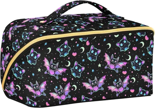 Miniatura 14 de Bolsa Organizadora de Maquillaje, Bolsa de Maquillaje de Halloween con Murciélagos Negros y Cielo Nocturno con Estrellas, Bolsa de Maquillaje