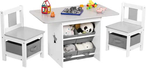 Juego de mesa y silla para niños (2 sillas incluidas), grupo de escritorio de madera para niños pequeños con 6 cajas de almacenamiento, muebles para