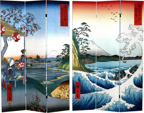 Oriental Furniture - Divisor de habitación Hiroshige de doble cara de 6 pies de alto, color mar en Satta/Teahouse