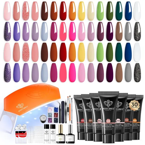Modelones Poly Gel Nail Kit 30 Colors with 8 W Nail Lamp Pink Yellow Golden Nude Nail Forms Slip Solution Builder Thickening Manicure Tools Polygel