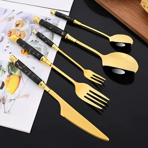 Miniatura 2 de JASHII Fancy Silverware - Juego de cubiertos de acero inoxidable dorado, juego de cubiertos de espejo, cuchillo y tenedor, cuchara, cucharadita