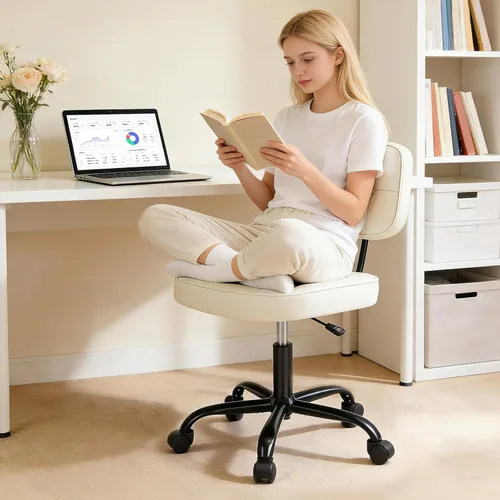 Miniatura 9 de DUMOS Silla de escritorio de oficina en casa, silla ergonómica de piel sintética sin brazos, con cómodo soporte lumbar y altura ajustable, tocador