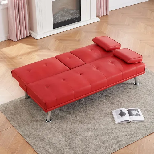 Miniatura 4 de Sofá cama plegable doble multifuncional de 67 pulgadas con 2 portavasos, sofá biplaza de cuero con reposabrazos extraíbles, sofá cama plegable Rojo