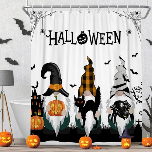 Miniatura 11 de Cortina de ducha de Halloween, calabazas aterradoras, cortinas de ducha para baño, noche de luna espeluznante, cortina de baño, casa cazada