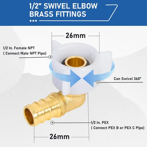 Miniatura 2 de PEX - Codo giratorio roscado hembra de 1/2 x 1/2 pulgada NPT NPSM, accesorios Pex de 1/2 pulgada 90 grados, adaptador hembra giratorio de 1/2