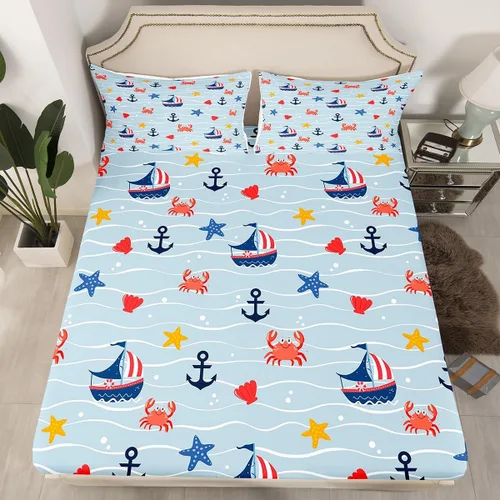 Miniatura 7 de Erosebridal Juego de sábanas bajeras de pulpo oceánico, tamaño individual, juego de ropa de cama temática de playa costera, decoración náutica
