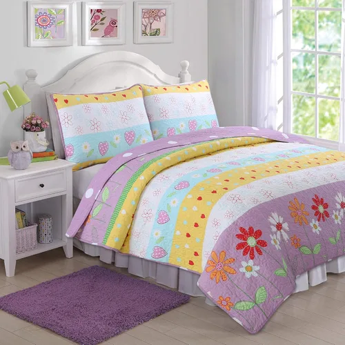 Miniatura 14 de Cozy Line Home Fashions Juego de ropa de cama reversible para niña, color rosa, verde, azul, naranja, colorido, floral, fantasía, colcha