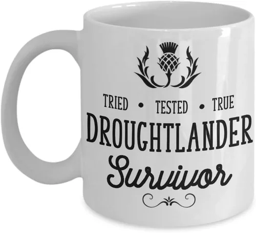 Droughtlander Survivor Mug Relief Parody for Outlander Fan for Her Funny 11 o 15 oz. Serie de TV Scottish Highlander Taza de té de cerámica blanca