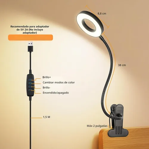 Miniatura 5 de Woputne Lámpara de escritorio con clip para lectura en casa, oficina, 10 brillo regulable, 3 modos, luz de abrazadera para cabecera de cama Negro