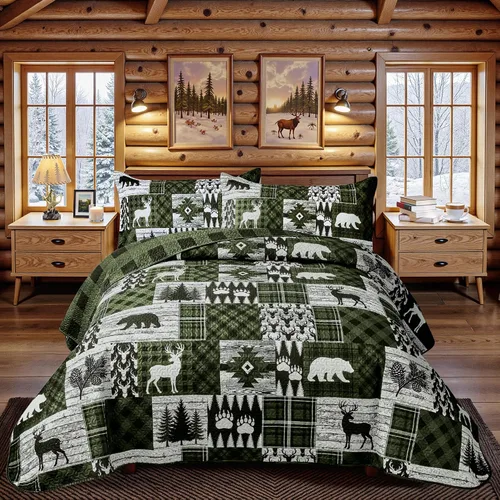 Miniatura 19 de Juego de 3 piezas de colcha tamaño King para cabaña, reversible, navideño, rústico, de microfibra, suave, ligera, de granja, con 2 fundas de 2-Oso