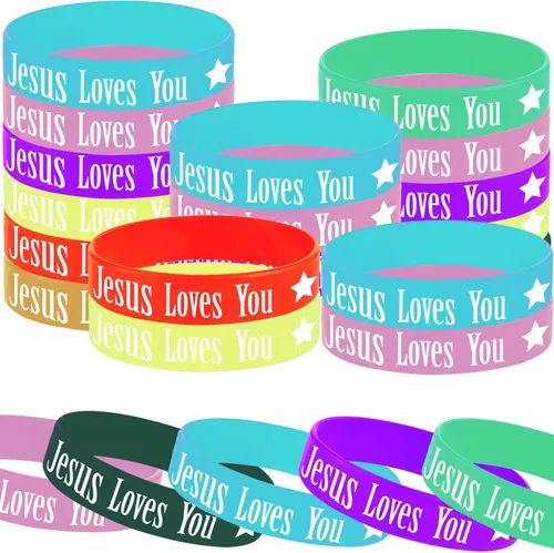 Oringaga 48 pulseras de goma Jesús te ama, cristiano religioso Jesús te ama, suministros de fiesta, decoraciones, regalos, premios, bolsa de regalo,