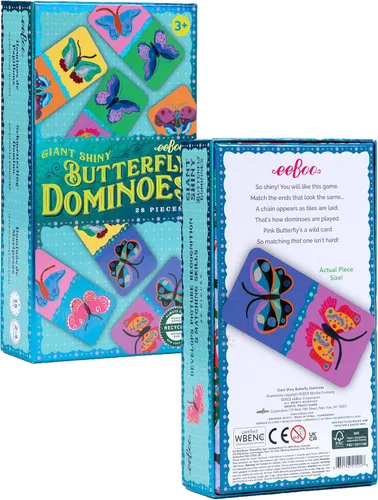 Miniatura 6 de eeBoo Dominó de mariposa brillante gigante – 28 azulejos de gran tamaño, lámina holográfica colorida, juego de colocación de azulejos, diversión sin